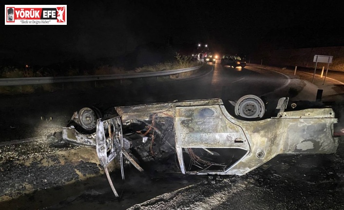 Takla atan otomobil yanarak küle döndü