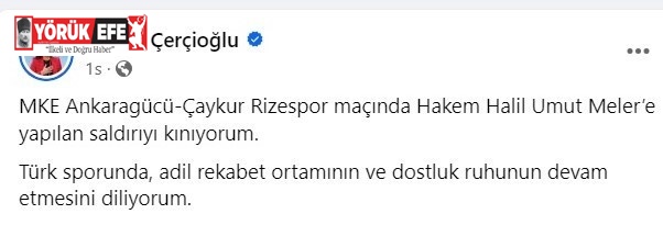 Başkan Çerçioğlu: “Türk sporunda, adil rekabet ortamının ve dostluk ruhunun devam etmesini diliyorum”