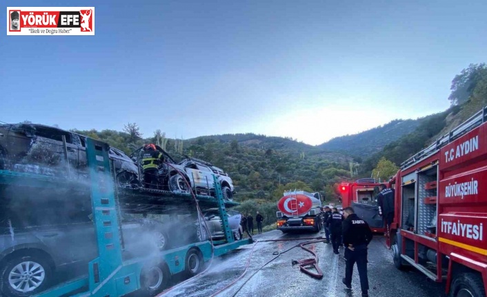 Bozdoğan’da araç yüklü tırda yangın: Araçlar kullanılamaz hale geldi